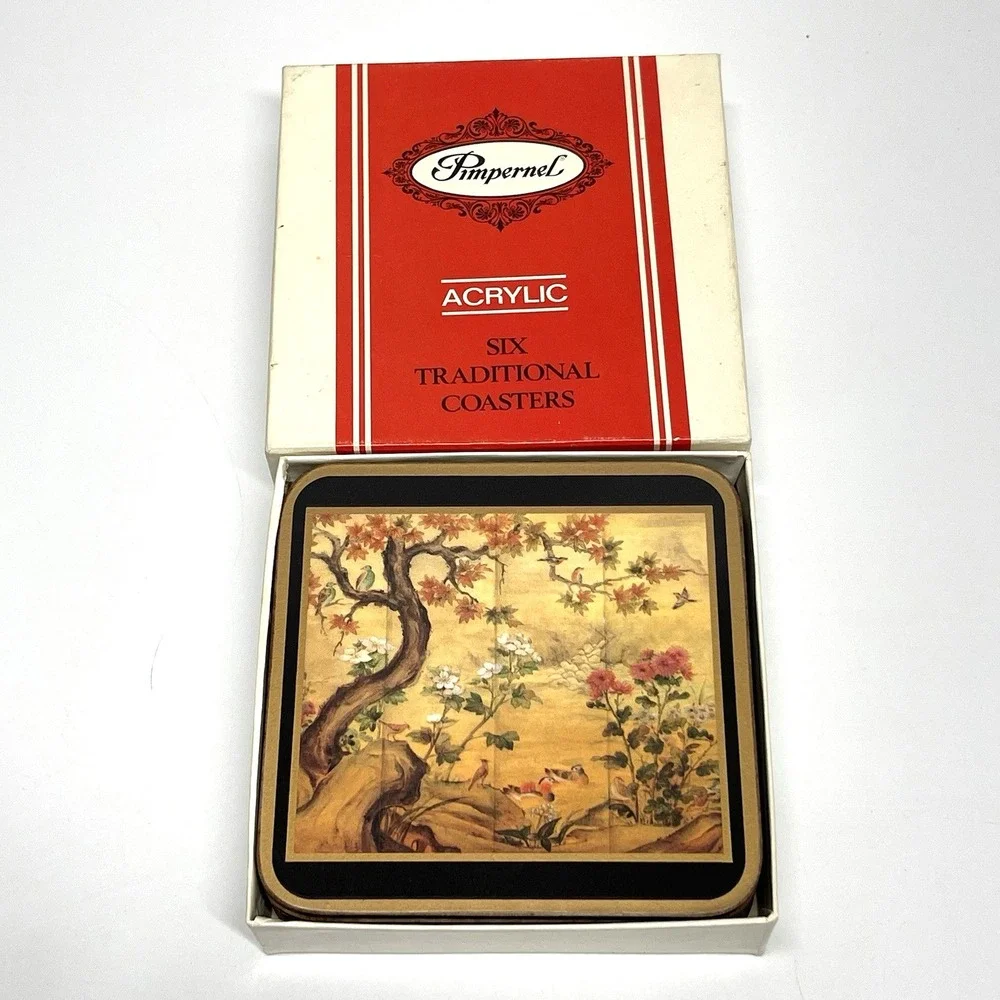 Vintage Pimpernel Acrylic Coasters Chinese Screen Pattern‎ Back Corked set Of 6